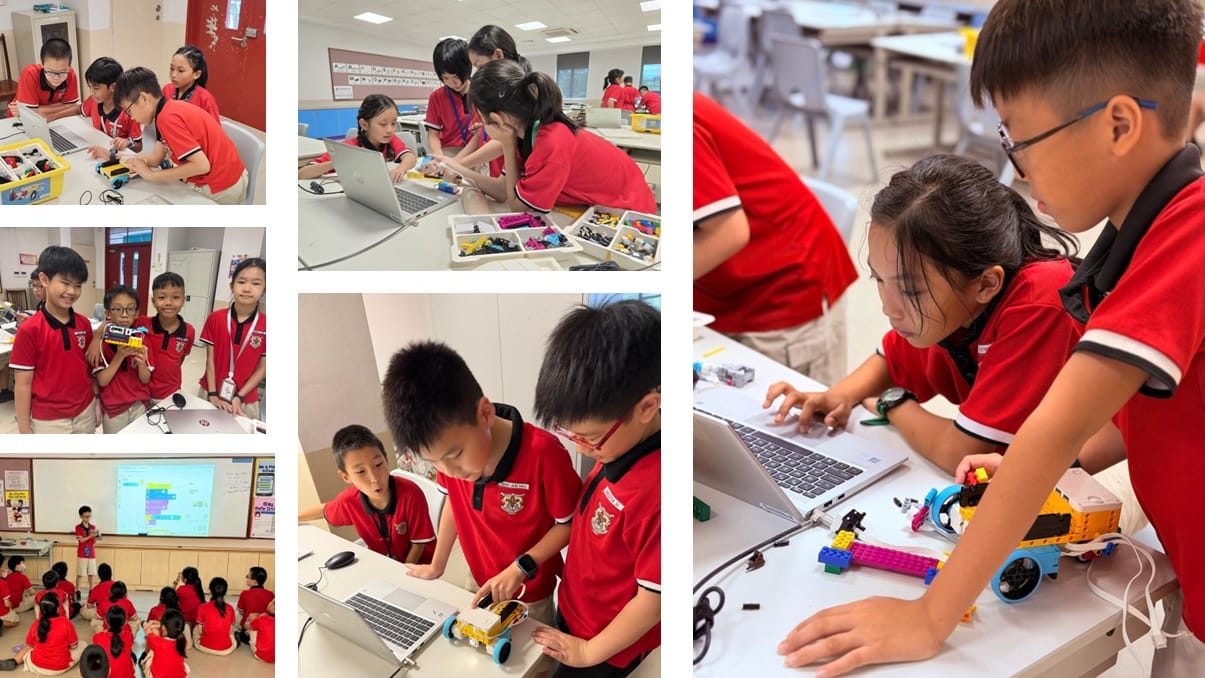 Collage of students in red uniforms building and coding LEGO robots on laptops in a classroom.